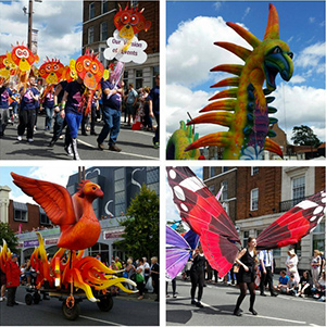 A montage of colourful parade pictures from the Stockton International Riverside Festival - a person with giant butterfly wings, a crowd wearing monkey masks and a giant dragon-like puppet 